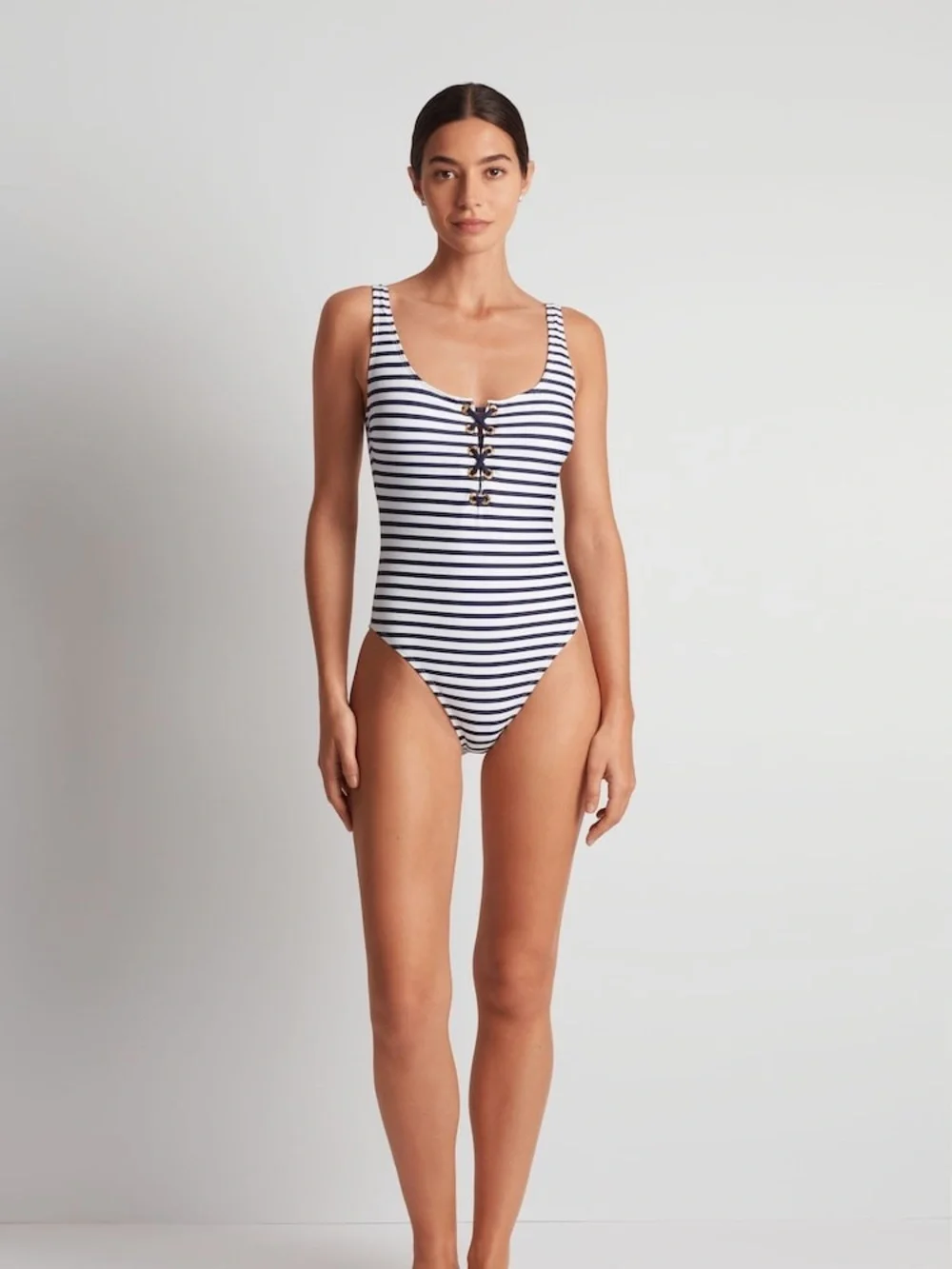 NWT Lauren Ralph Lauren Navy/White Luxe Stripe Laced Tank Swimsuit One Piece